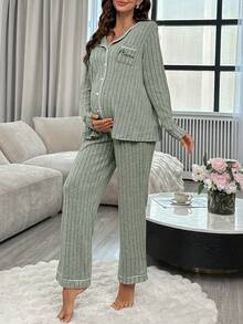 Moonlight&Mama PMaternity 字母印花做旧罗纹上衣和裤子家居服套装，冬季 - 綠色 - 查看 4