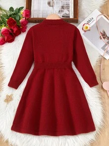 SHEIN Vintaside Kids 新款时尚高领绣花腰部时尚袖子刺绣休闲针织毛衣裙，适合女孩，适合派对、郊游、度假和秋冬季日常穿着 - 紅色 - 查看 2