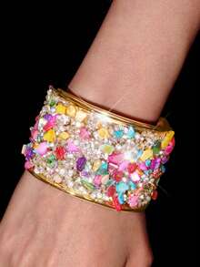 Y2Kool 1pc Metal Bangle Bracelet With Embedded Stones And Rhinestones, Lightweight And Personalized, Adjustable Opening - Multicolor - View 2