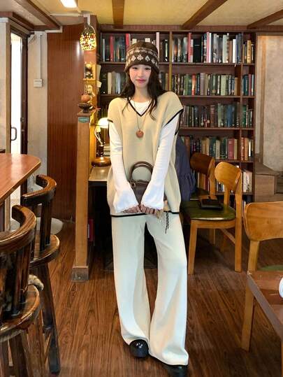 DAZY 女士 V 领装饰针织背心和宽松针织裤两件套