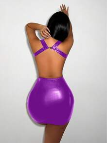 Zolique 女式纯色仿皮镂空后背圆领无袖修身迷你连衣裙 PU 皮革女装