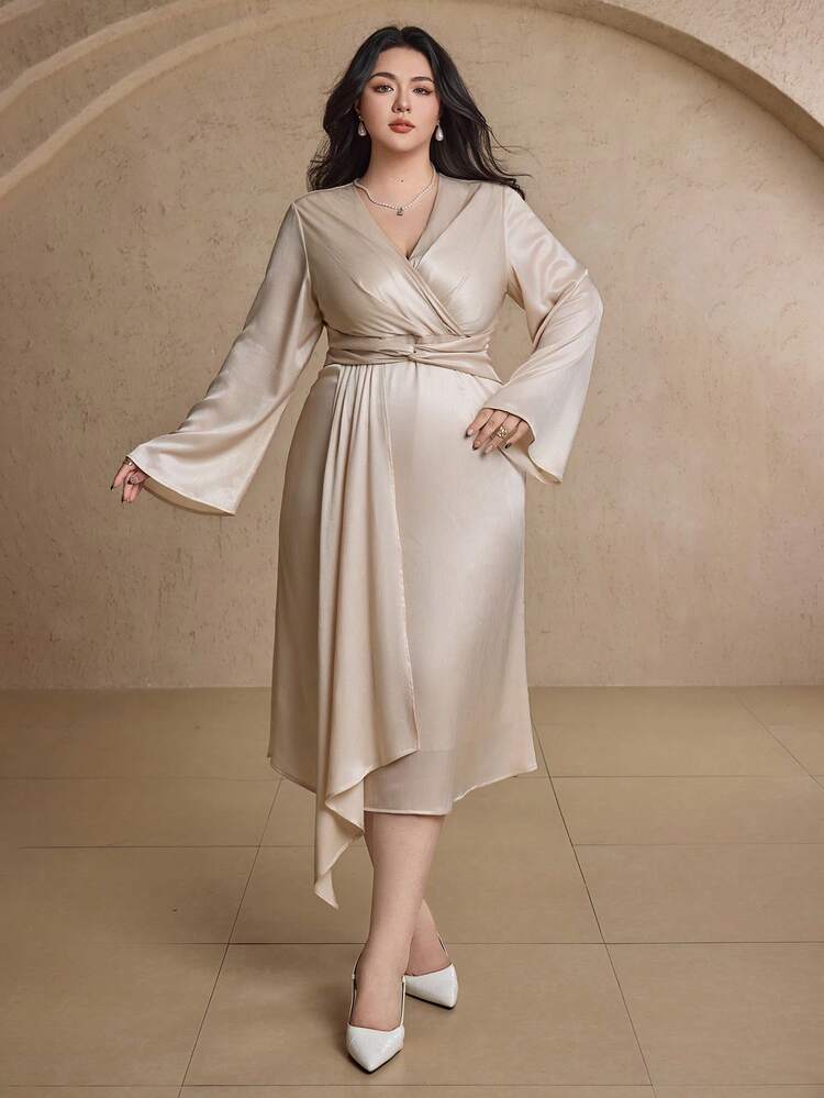 Dazy Plus Vestido envolvente de satén de unicolor talla grande, vestido de fiesta elegante