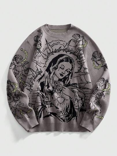 Street Life Men's Crew Neck Religious Figure Print Casual Loose Knit Sweater