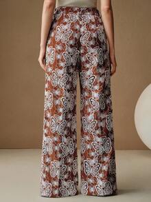 Anewsta Pantaloni de vară pentru femei cu imprimeu de fluturi - Maro - Vizualizare 2