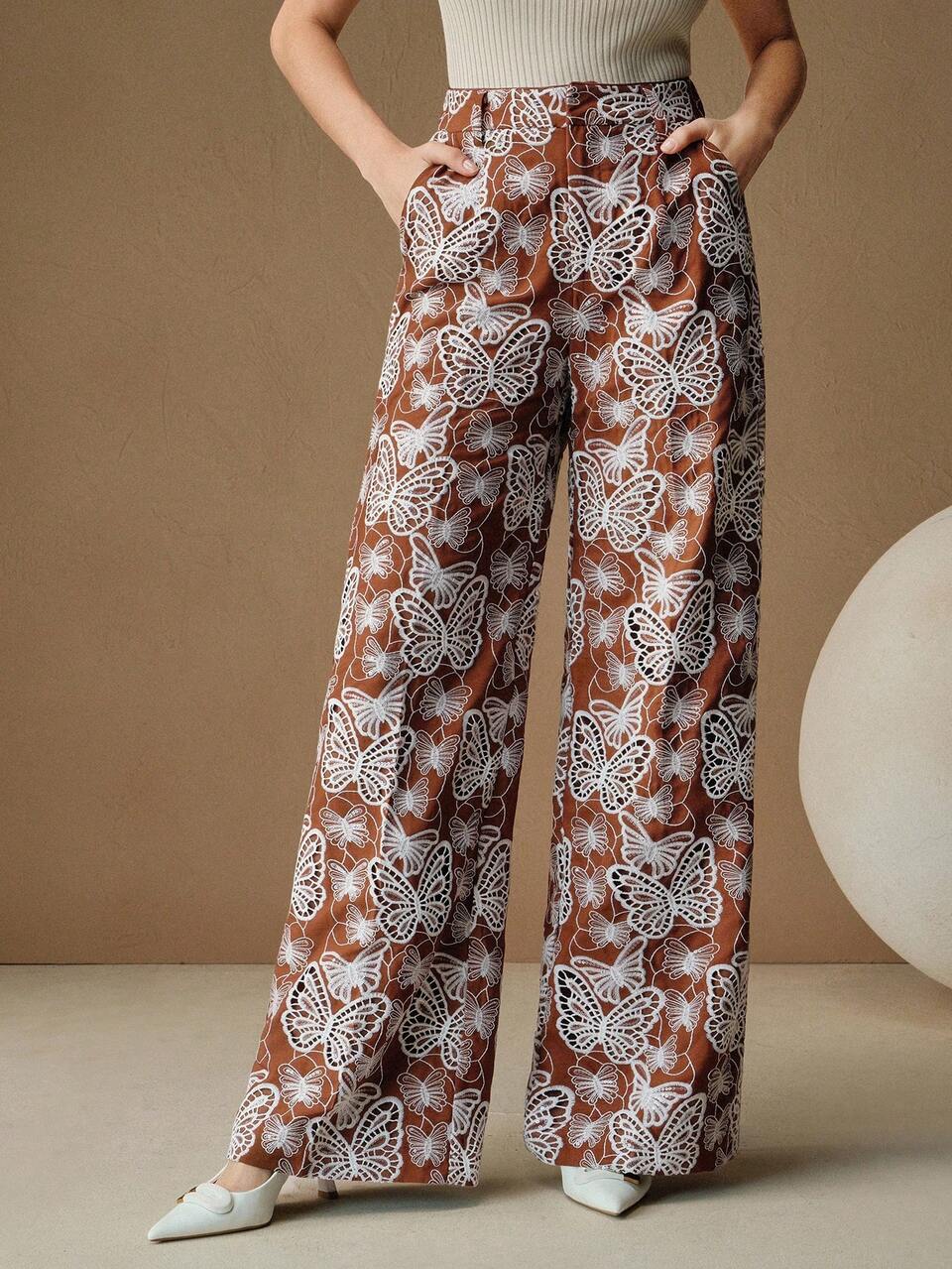 Anewsta Women's Butterfly Fabric Embellished Summer Pants