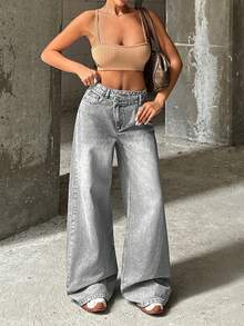 EURMUSE RueChic VINTAGE LAVÉ TAILLE HAUTE JAMBE LARGE COUPE DÉTAIL DE CEINTURE ASYMÉTRIQUE - Gris - Voir 4