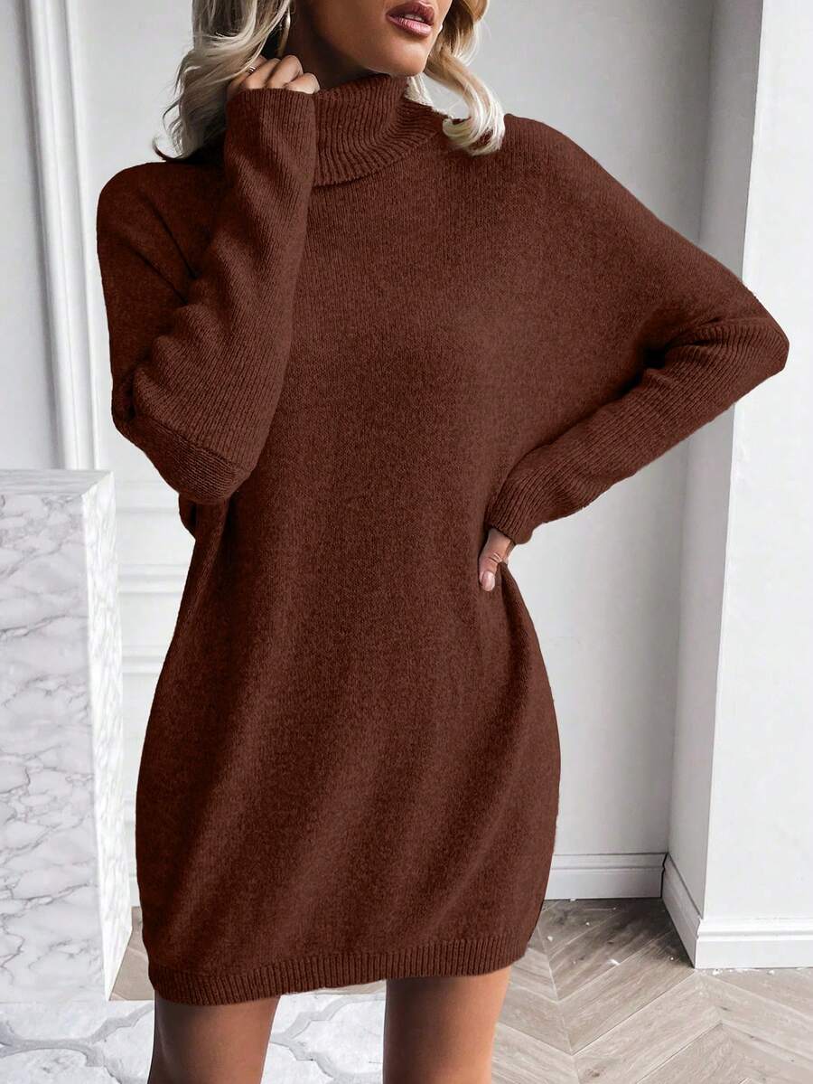 EMERY ROSE Vestido de suéter de punto suelto de manga larga de murciélago con cuello alto de unicolor para mujer, otoño/invierno - Óxido marrón - Ver 1