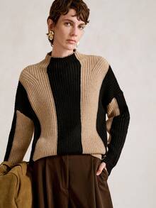 SHEIN Stylify 休闲优雅通勤条纹羊毛混纺高领长袖针织套头衫，秋冬 - 彩色 - 查看 5