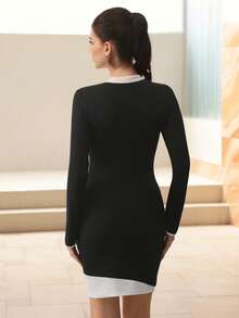 Modelyn 女士秋冬二合一纽扣V领时尚裹身裙 - 彩色 - 查看 3