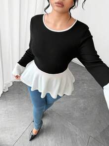 SHEIN Elenzya 女式圆领黑白拼接长袖休闲上衣、外套 - 黑與白 - 查看 5