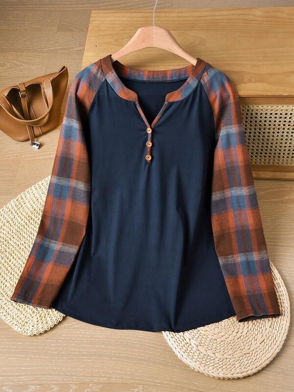 Rusticease Women's Plaid Patchwork V-Neck Long Sleeve Raglan Casual Versatile Blouse Christmas Winter