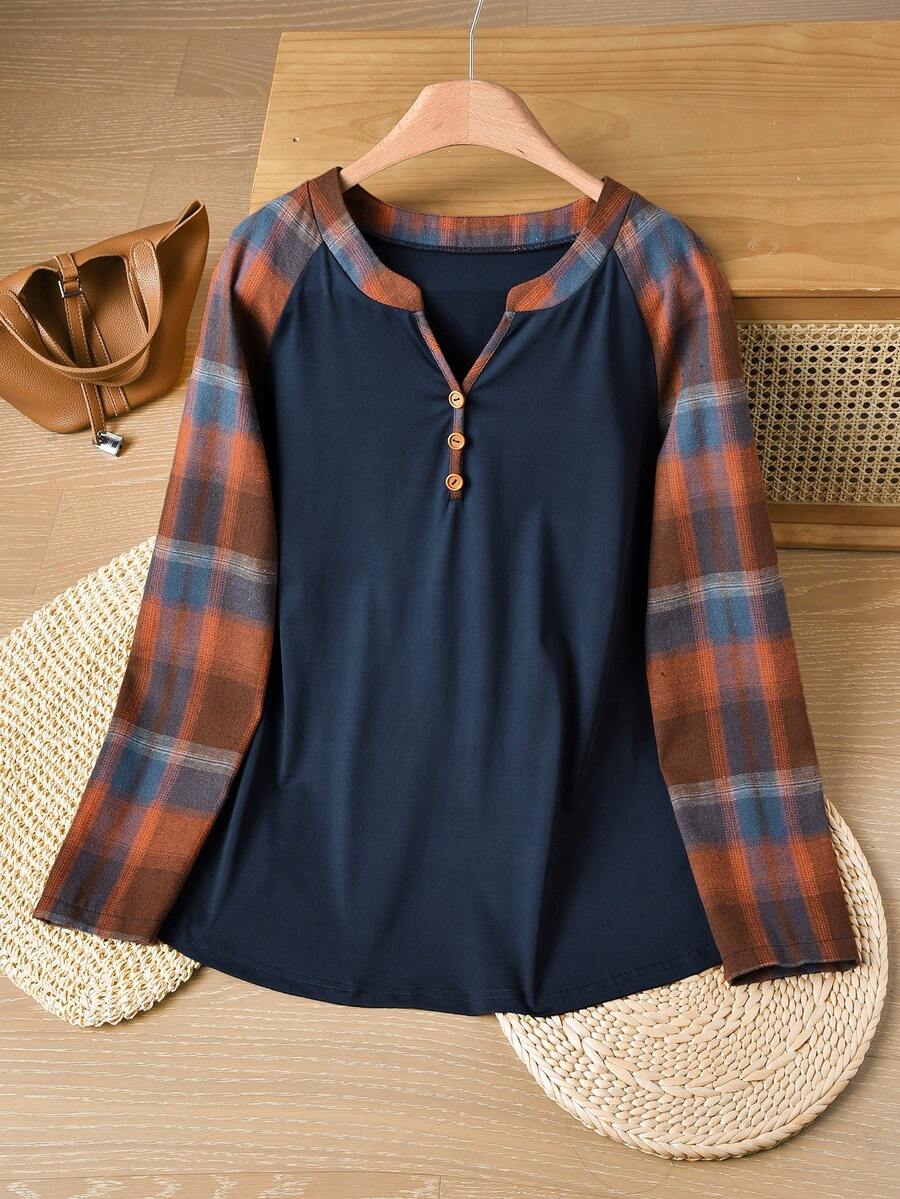 Rusticease Women's Plaid Patchwork V-Neck Long Sleeve Raglan Casual Versatile Blouse Christmas Winter - Multicolor - View 1