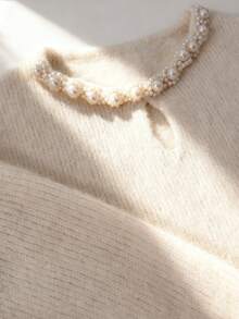 GlowEve 女式羊驼毛柔软珍珠领套头长袖针织毛衣，秋冬 - 米色 - 查看 4