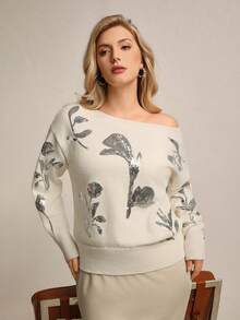 Juhart 秋冬优雅闪耀单品，象牙白亮片花卉露肩针织上衣，柔和的象牙色调增强优雅气质，精致的亮片花卉刺绣引人注目，露肩设计增添微妙的性感，宽松的针织廓形带来舒适感，轻松在人群中脱颖而出 - 白色 - 查看 4