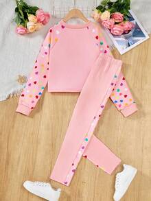 2pcs/Set Tween Girls Heart & Ditsy Floral Sweatshirt + Leggings Fall Winter - Pink - View 2