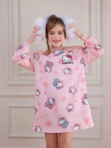 HELLO KITTY AND FRIENDS | SHEIN Tween Girl 可爱卡通合作款星星印花全图案落肩针织连帽连衣裙，粉色 - 彩色 - 查看 4