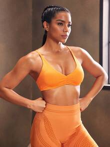 Powerista Sutien sport plisat de culoare uni pentru femei, pentru fitness, de zi cu zi