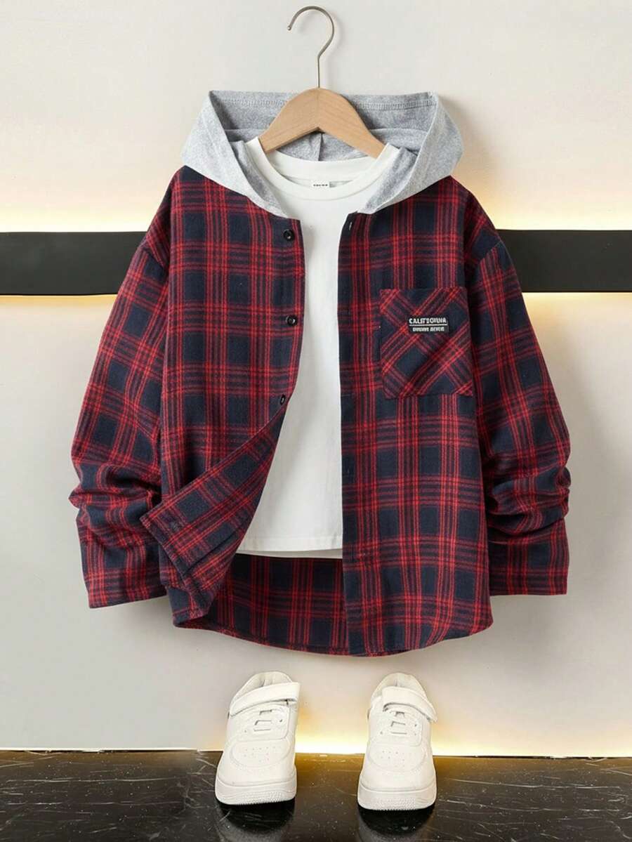 SHEIN Tricou cu glugă în carouri pentru băieți preadolescenti, potrivit pentru naveta, școală, casual, facultate, sport, toamnă/iarnă, poate fi asortat cu cardigan maro, cardigan roșu, haină de băieți, cadouri de Halloween, cardigan albastru, hanorac de Crăciun, salopetă, pantaloni scurți, costum de Halloween pentru copii - Multicolor - Vizualizare 1