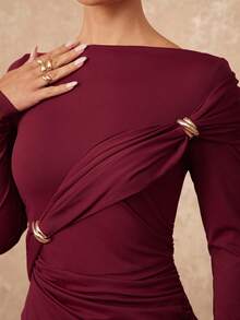 Lumalex 女士优雅红色露肩长袖修身连衣裙，金属装饰纽扣，褶饰设计和开衩，春秋 - 紅色 - 查看 3