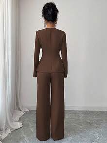Elenzga 2pcs Women's Suit Fabric Trapezoid Collar Front Metal Button Waist A-Line Hem Slit Pockets Long Sleeve Shirt + Straight Pants Solid Color Elegant Office Commute Streetwear Autumn Winter Fashion Versatile Business Casual Thanksgiving Afternoon Tea Party Back To School - Coffee Brown - View 2
