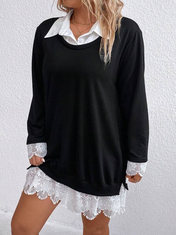 SHEIN PETITE CURVE Sudadera informal de talla grande con bloqueo de color y parches de encaje, otoño