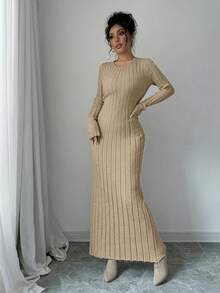 Rafferiza Váy len dệt kim gân cổ tròn tay dài màu trơn - Màu nâu  Mocha - Xem 8