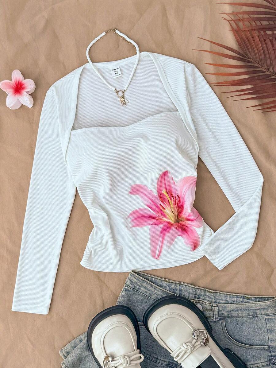 青少年女孩罗纹花卉印花休闲长袖 T 恤 - 白色 - 查看 1