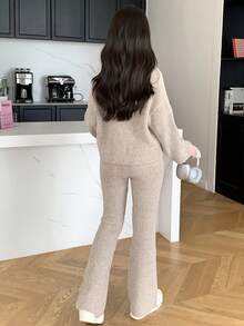 SHEIN Teen Girls Khaki V-Neck Cardigan & Pants Knitted Casual Versatile Sweater Set - Grey - View 2