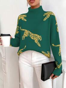 SHEIN Clasi Women's Casual Leopard Print Turtleneck Sweater, Autumn/Winter - Dark Green - View 3