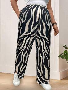SHEIN Clasi Pantalones casuales/de trabajo con estampado de olas en blanco y negro para mujer de talla grande - Blanco y Negro - Ver 3