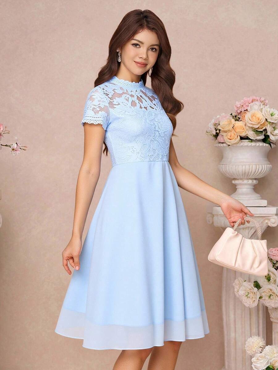 Pitira Pitira Teen Girl Blue Sheer Lace Trim Chiffon Hem Midi Dress, Suitable For Holidays, Parties, Elegant, Weddings, Back To School, Graduation Light Blue Teen Dress Light Blue Dress Women Girls Bridesmaids Blue Dresses Luxury Sky Blue Dress Short Modest Elegant Dresses For Teenage Girls - Blue - View 1