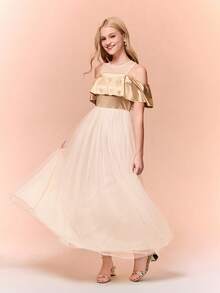 Vestido de satén con patchwork y superposición de malla, vestido de gala largo para adolescentes en color dorado para fiesta/banquete