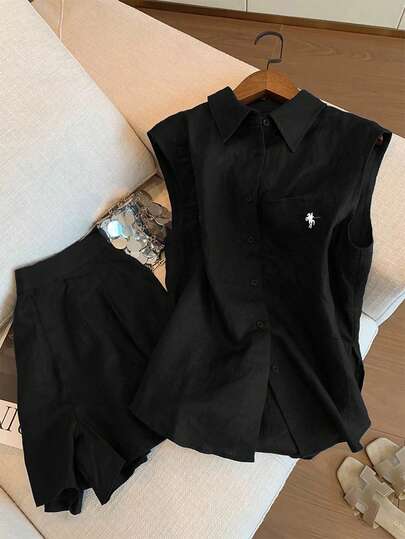 Airaco Conjunto casual de 2 piezas de camisa con botones y estampado de caballero, y shorts para mujer