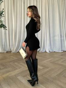 Jemour Đầm đen cổ lọ ôm vừa vặn màu trơn có gân - màu đen - Xem 2