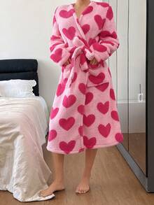 SHEIN 女士爱心印花抓绒长袖蓬松舒适睡袍，冬季 - 粉色 - 查看 3