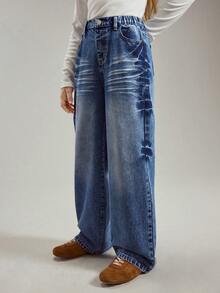 Jeans anchos y holgados con efecto desgastado para niñas preadolescentes, estética Y2K, de algodón denim casual y cómodo, adecuado para uso diario, escuela, reuniones, viajes, temporada de regreso a clases, nueva colección de otoño - Azul lavado medio - Ver 4
