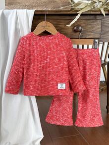 SHEIN Vintaside Kids 2 件套女婴休闲彩虹长袖上衣和裤子套装，适合春秋冬季日常穿着 - 紅色 - 查看 4