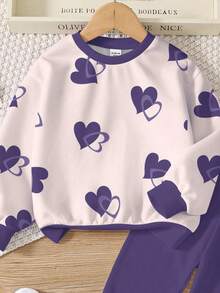 Set de 2 piezas de sudadera con cuello redondo y leggings con estampado de corazón casual y de moda para niñas preadolescentes, adecuado para otoño/invierno