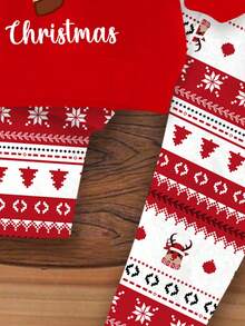 SHEIN 女婴可爱搞笑卡通圣诞驯鹿柔软厚圆领长袖运动衫和紧身裤套装，适合秋冬圣诞节 - 彩色 - 查看 6