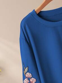 Lacomfia Casual Solid Color Round Neck Patch Sleeve Loose Regular Sweatshirt, Plus Size, Spring/Autumn - Blue - View 6