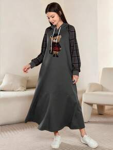 Modelyn 可爱泰迪熊图案印花时尚连帽红黑格子插肩长袖超长连衣裙，女式，春秋季 - 彩色 - 查看 3