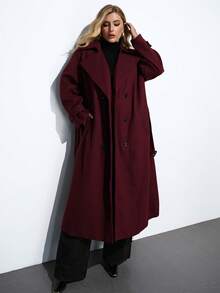 Maija Manteau de mode en laine rouge de Noël pour femmes grandes tailles pour l'automne et l'hiver. Veste longue à manches longues rétro pour femmes. Manteau noir à la mode polyvalent, confortable, élégant, décontracté, simple pour un usage quotidien, essentiel, unicolore, décontracté pour les fêtes, décent, célibataire, élégant, décontracté chic pour femme, sortie - Rouge foncé - Voir 2