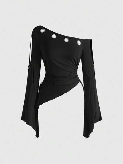 ROMWE Avant Chemise décontractée pour femmes à manches évasées, taille cintrée, épaule asymétrique et œillets de style vintage