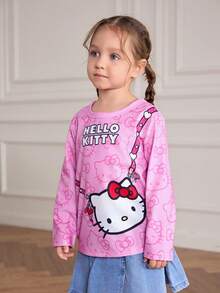 HELLO KITTY AND FRIENDS | SHEIN Young Girl Cartoon Kitty Cat Print Knit Loose Crew Neck Raglan Sleeve Pink Long Sleeve T-Shirt Cute Long Sleeve Shirts Girls