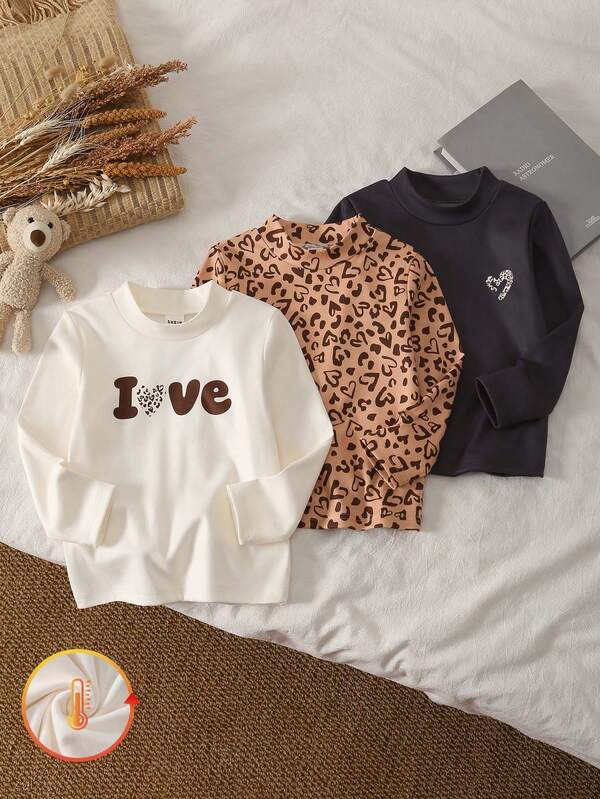 Conjunto de 3 peças de roupa de casa macia e confortável com estampa de coração fofo para meninas