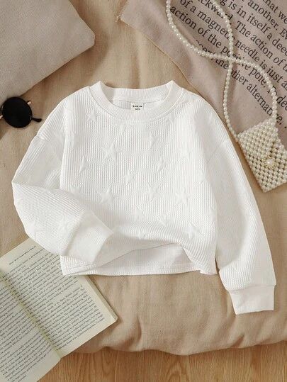 SHEIN 年轻女孩休闲针织加厚纹理长袖圆领短款宽松运动衫，适合秋冬季运动、休闲和日常穿着