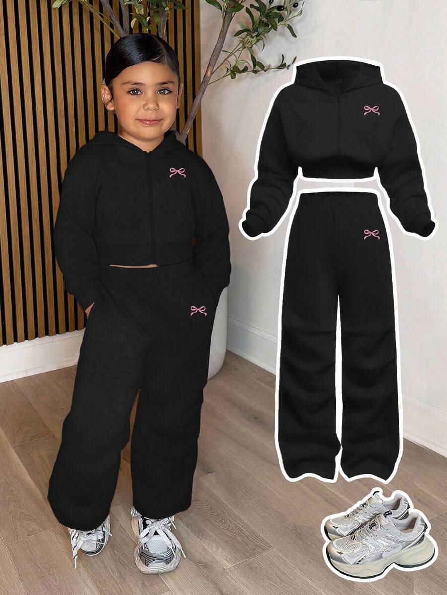 年轻女孩休闲灰色针织连帽运动衫运动衫和抽绳运动裤套装 - 黑色 - 查看 1