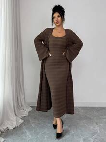 Modelyn 女士针织条纹开衫和吊带裙两件套，适合秋冬季外出约会 - 棕色 - 查看 7