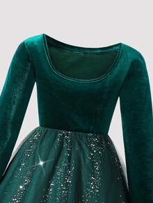 SHEIN Women's Green Velvet Sequin & Mesh Patchwork Dress, Suitable For Parties, Christmas