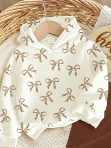 柔和的奶油黄色和卡其色，可爱的迷你豹纹蝴蝶结图案，女婴休闲厚柔软连帽衫和紧身裤套装，适合秋冬季 - 彩色 - 查看 4